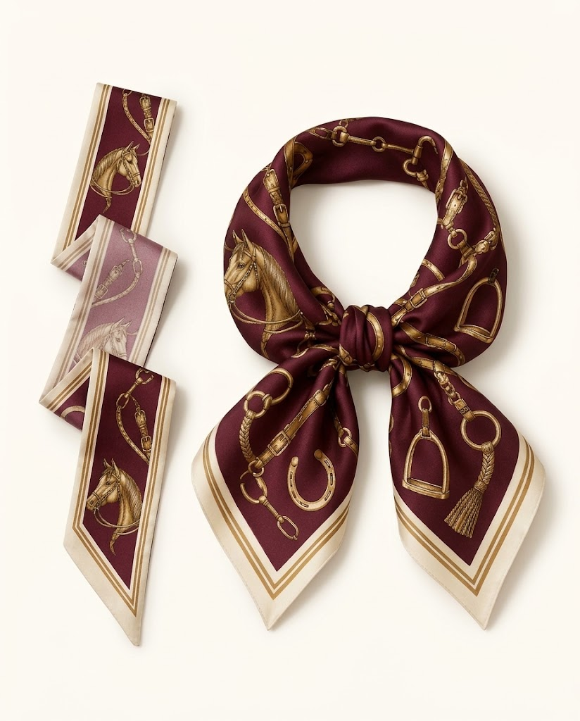 Twilly Taschen-Ribbon und geknotetes Cupro Halstuch „Reitsport & Bordeaux“