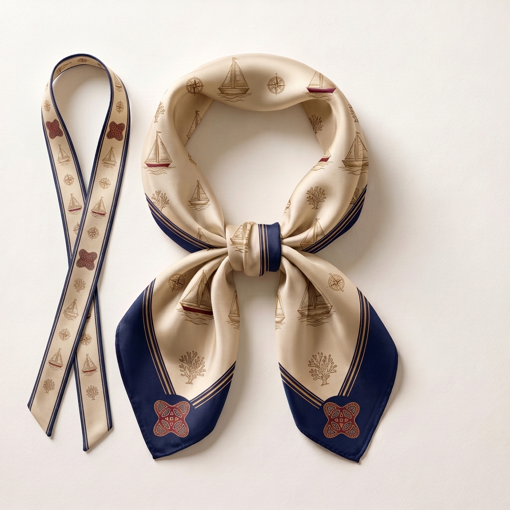 Twilly Taschen-Ribbon und geknotetes Cupro Halstuch „Maritime Eleganz“