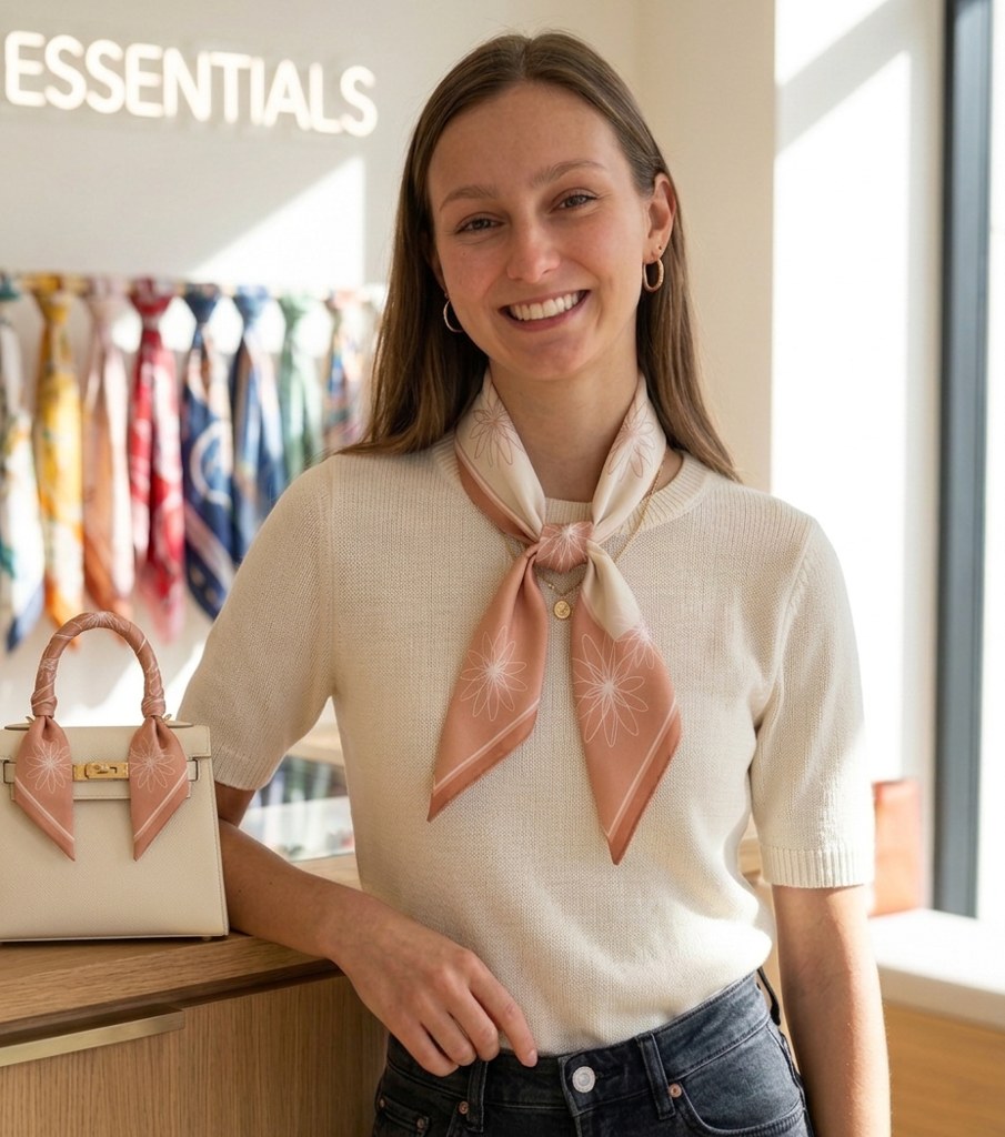 Marie Meuser in cremefarbenem Strickoberteil mit einem geknoteten cremefarbenen Halstuch mit pfirsichfarbenen Blüten; daneben eine cremefarbene Ledertasche mit dem passenden Tuch als Ribbon am Henkel.