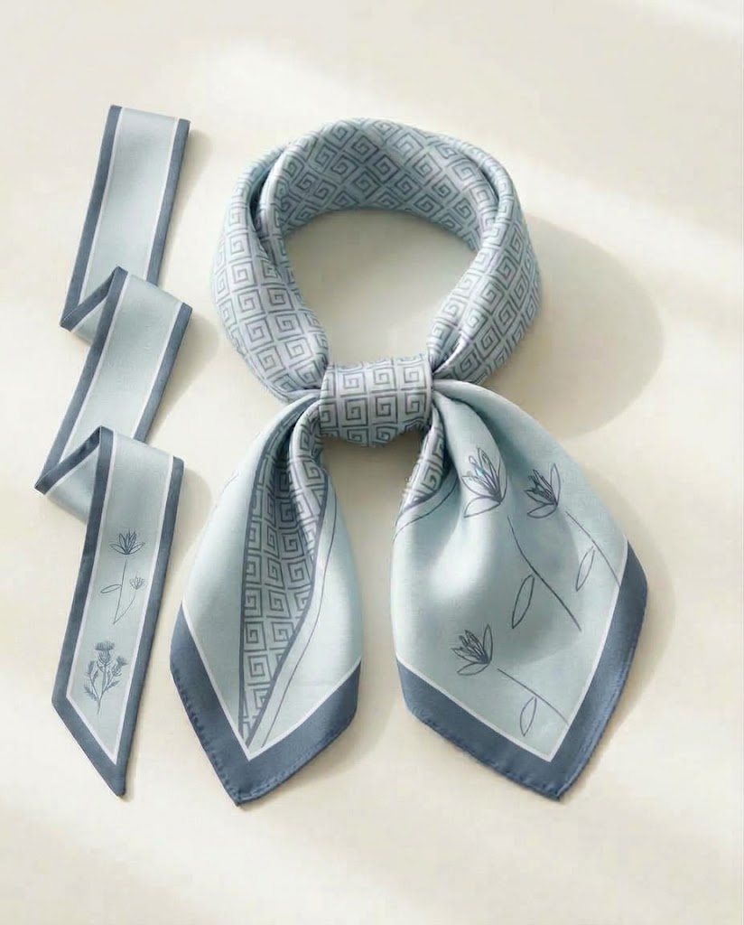 Twilly Taschen-Ribbon und geknotetes Cupro Halstuch „Mäander & Lilie“