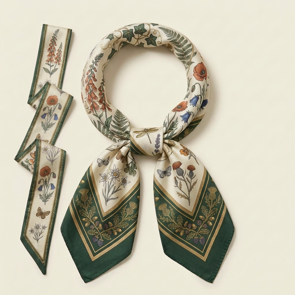 Twilly Taschen-Ribbon und geknotetes Cupro Halstuch „Wildblumen & Tanne“