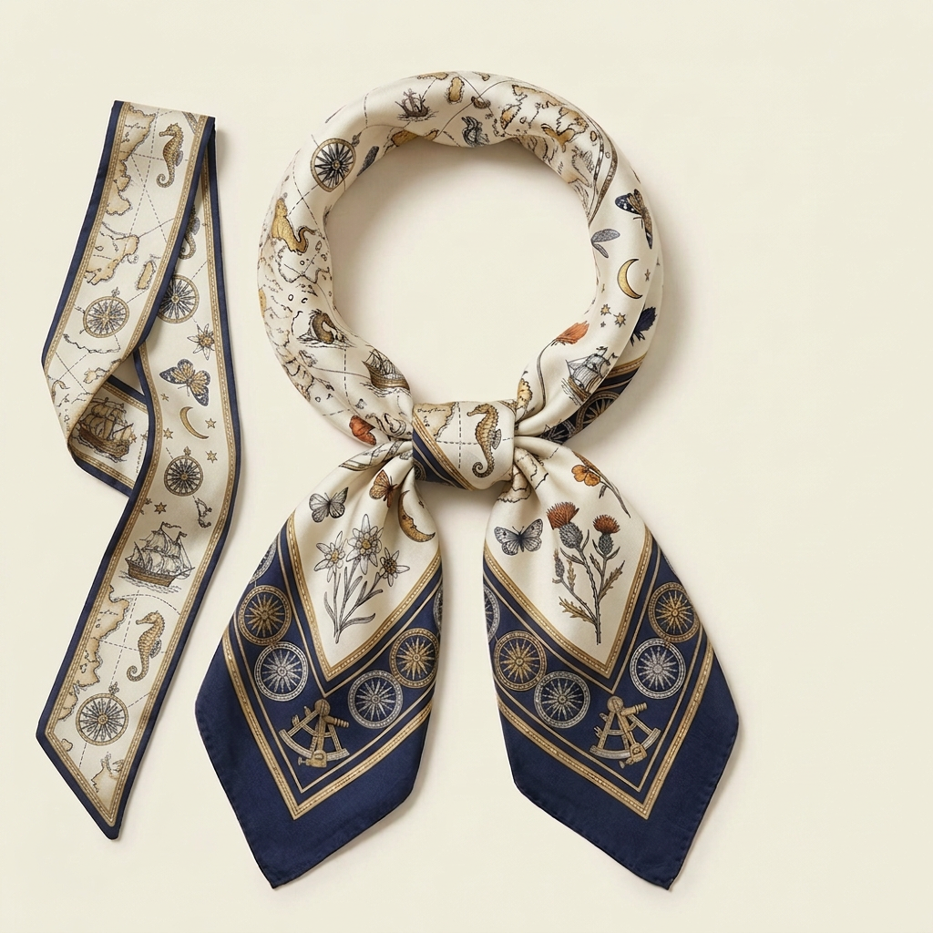 Twilly Taschen-Ribbon und geknotetes Cupro Halstuch „Seekarte & Navy“