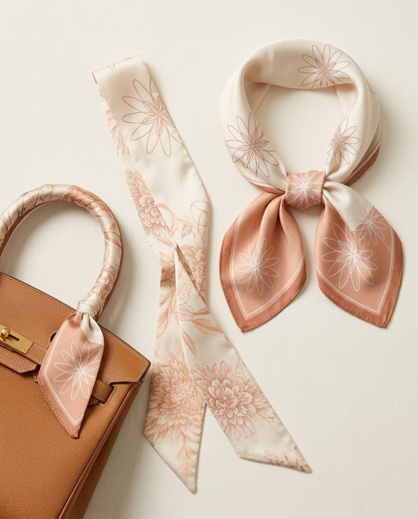 Twilly Taschen-Ribbon und geknotetes Cupro Halstuch „Chrysantheme Pfirsich“