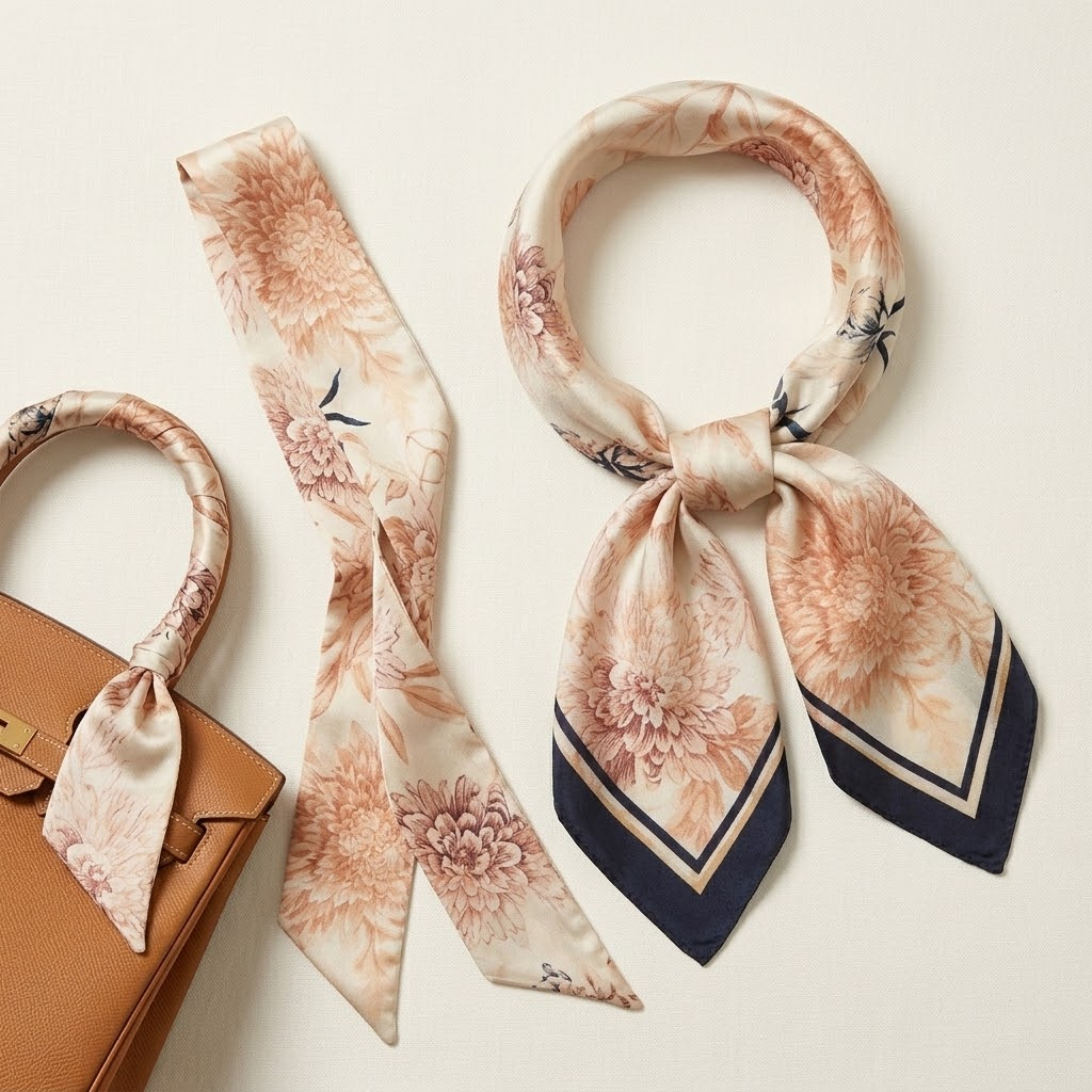 Twilly Taschen-Ribbon und geknotetes Cupro Halstuch „Blüten & Navy“