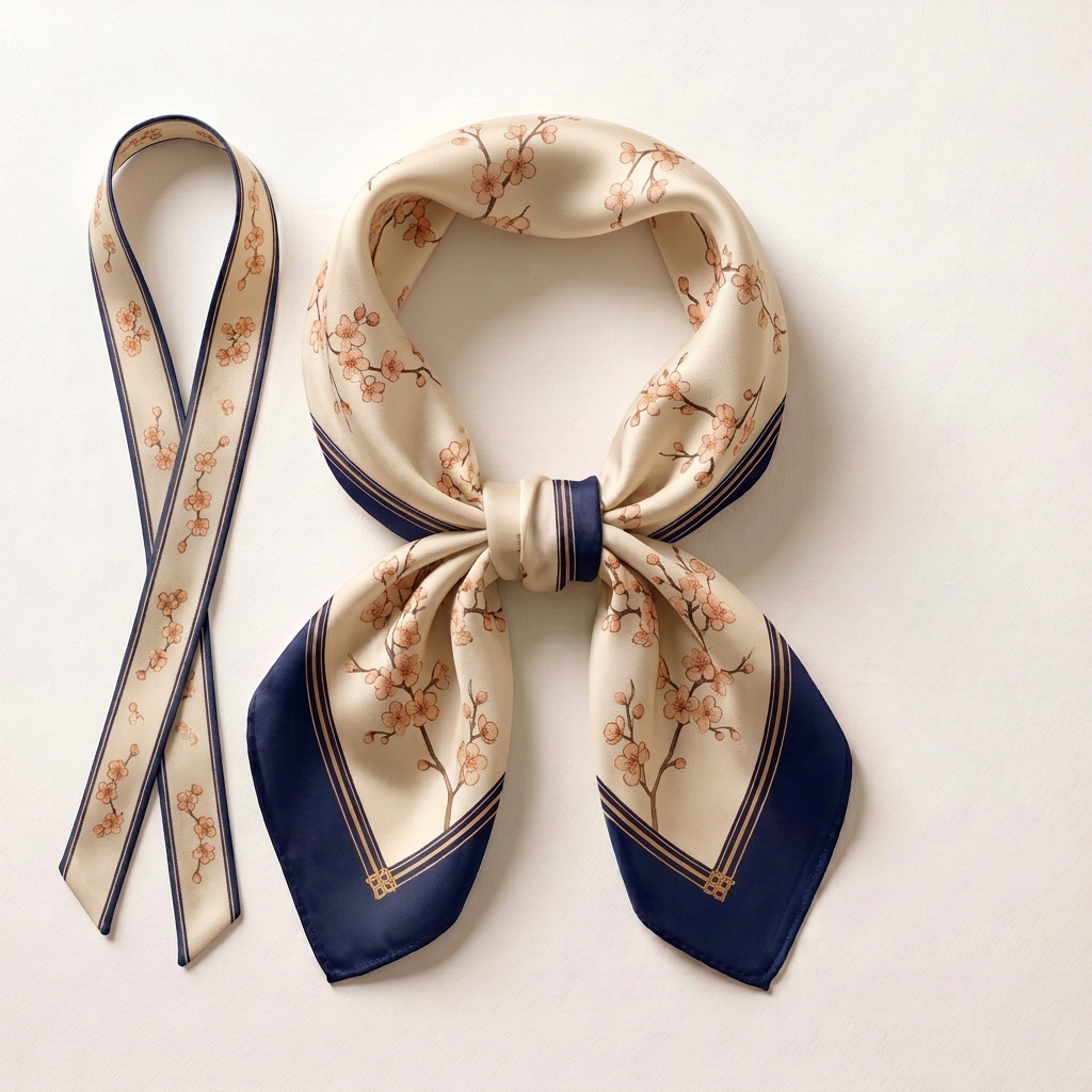 Twilly Taschen-Ribbon und geknotetes Cupro Halstuch „Kirschblüten“